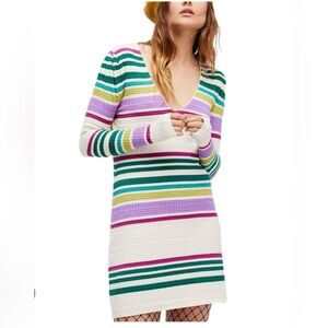 Free People Gidget Stripped Ribbed Sweater Dress Size S Ivory
